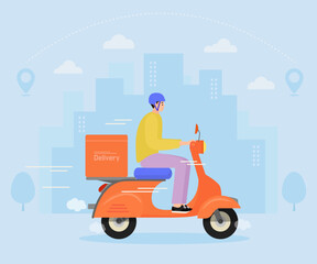 오토바이를 타고 빠르게 배달하는 배달원.
Fast delivery service. Man on scooter with boxes. Vector illustration. 