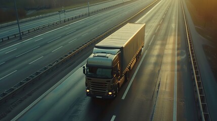 Semi Trailer Truck Driving on Highway Road. Trucks for shipping containers. Transport by Commercial Truck. Express Delivery of goods. Trucks with diesel engines. Lorry Tractor. Freight Trucks Logistic