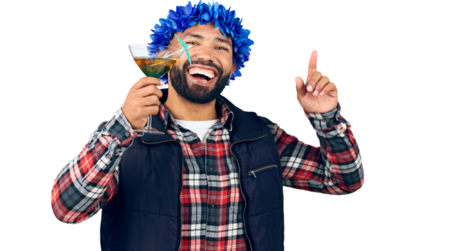 Alcohol, portrait and man celebrate in isolated background, png and smile for cocktail to drink. Person, party and relax with glass in hand for happiness of opportunity for vacation and transparent - Powered by Adobe