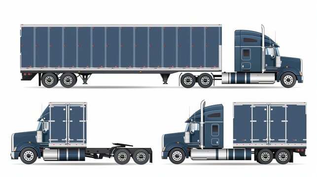 blue semi trailer truck vector template with simple colors without gradients and effects. View from side, front, back, and top