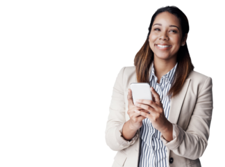 Happy woman, typing and thinking with phone for business, communication or networking on a transparent PNG background. Female person or employee with smile on mobile smartphone for online chatting