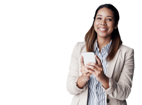 Happy woman, typing and thinking with phone for business, communication or networking on a transparent PNG background. Female person or employee with smile on mobile smartphone for online chatting