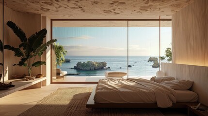 Mountain rock stone wall in luxurious apartment master bedroom interior, beach. Generative Ai