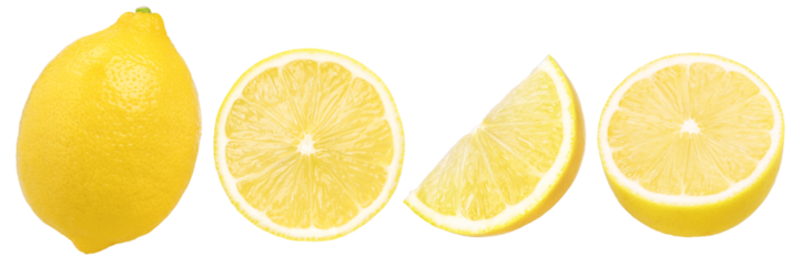 lemon fruit, slice and half isolated, Fresh and Juicy Lemon, transparent PNG, PNG format, collection, set