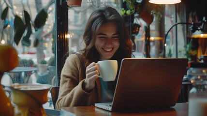 Fototapeta premium Happy woman holding coffee mug and working on laptop in coffee shop.