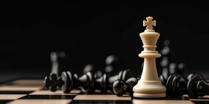 White Chess King among lying down black pawns on chessboard 