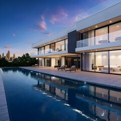 A luxurious modern mansion with sleek architecture, featuring floor-to-ceiling windows that offer panoramic views of the surrounding landscape and an infinity pool overlooking the city skyline