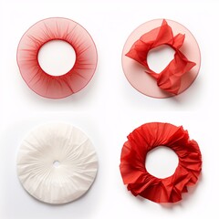a group of round objects with red and white fabric