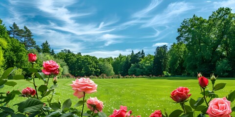 A picturesque scene of vibrant pink roses amidst a sprawling green field, enveloped by a lush woodland setting. Concept Pink Rose Paradise, Serene Nature Haven, Enchanting Floral Oasis
