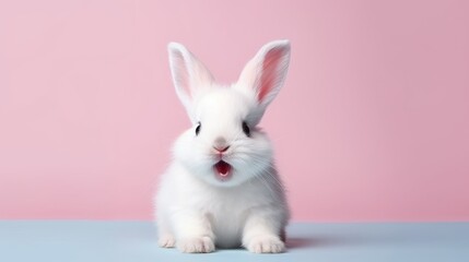 Obraz premium cute animal pet rabbit or bunny white color smiling and laughing isolated with copy space for easter background, rabbit, animal, pet, cute, fur, ear, mammal, background, celebration, generate by AI