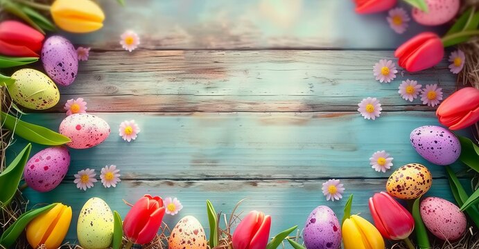 Rustic Easter Charm - Eggs Decoration and Tulips Adorning a Natural Wooden Table Board. Made with Generative AI Technology