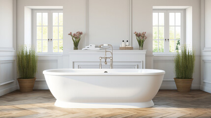 Fototapeta na wymiar A large white bathtub sitting in a bathroom.