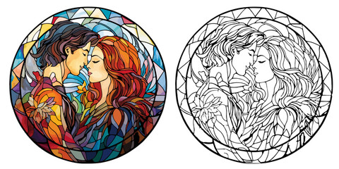 A Sweet Couple Close Together with Presents Coloring Page Stained Glass Vector Art