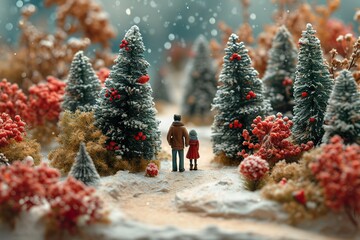 A miniature man and a miniature woman standing in front of miniature Christmas tree with decoration...