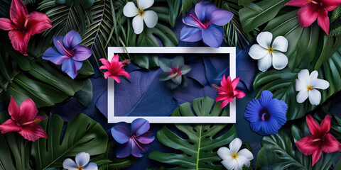 Top view white frame border on tropical plants leaves background, Flat lay minimal