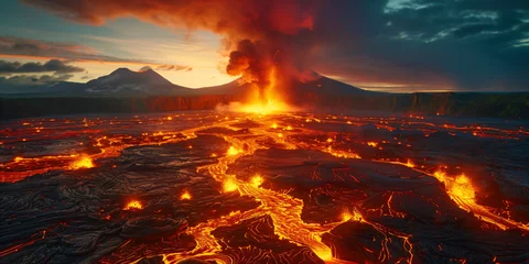 Abwaschbare Fototapete impressive volcanic lava landscape, dramatic natural disaster, hell's flames, armageddon © CROCOTHERY