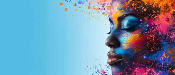 Banner with a woman's face covered in colorful paint explosion on the right corner on solid background
