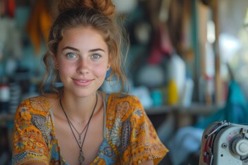 Obraz premium Smiling woman sewing with machine at creative workspace