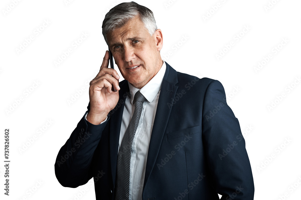 Sticker Portrait, senior and man in business, phone call for deal negotiation and executive isolated on png transparent background. Communication, corporate contact and chat on mobile for company with CEO