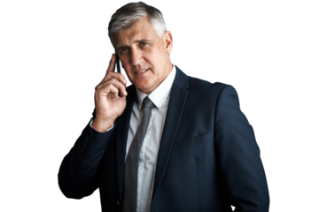 Portrait, senior and man in business, phone call for deal negotiation and executive isolated on png transparent background. Communication, corporate contact and chat on mobile for company with CEO