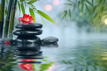 Serene Balance with Stones, Roses, and Bamboo Gracing Tranquil Waters. Made with Generative AI Technology