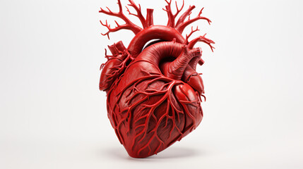 A naturalistic model of a human heart on a white background.