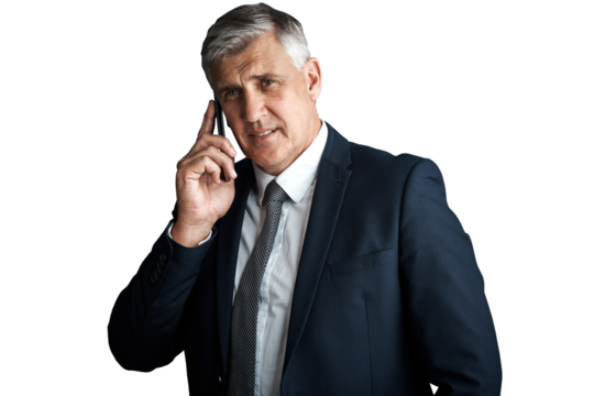 Portrait, senior and man in business, phone call for deal negotiation and executive isolated on png transparent background. Communication, corporate contact and chat on mobile for company with CEO