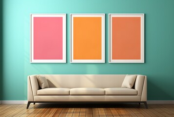 a couch with three colorful frames on the wall