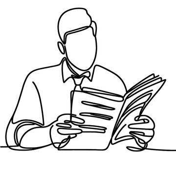 A man reads a newspaper in a line drawing style