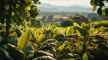 Tanzanian Coffee: From Berry to Brew. Witness the Ripening Coffee Beans on Branches Amidst Lush Agriculture. Experience the Essence of Freshness in Every Sip - obrazy, fototapety, plakaty