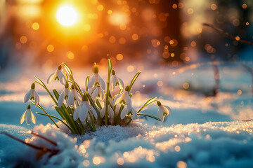 Beautiful white snowdrop flowers blossoming outdoors in snow, sunset