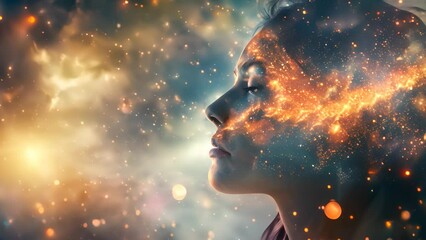 Stylized head of a young girl. Dream, transcendent and meditation concept.