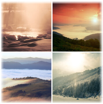  collage from amazing mountains landscapes, awesome sunset scenery.