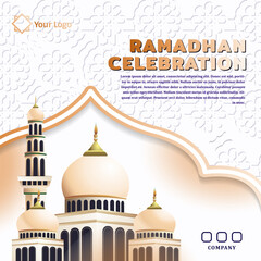 Ramadan holiday celebration poster design, with mosque ornaments and Islamic patterns