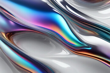 3d chrome fluid flow with holographic colors, clear white background