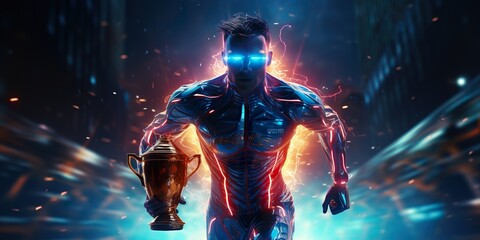 anatomy athlete crossing the finish line, light trails concept, photorealistic, close of vibrant neon