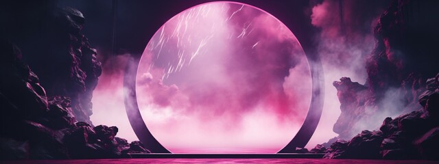 a pink circle with smoke and clouds