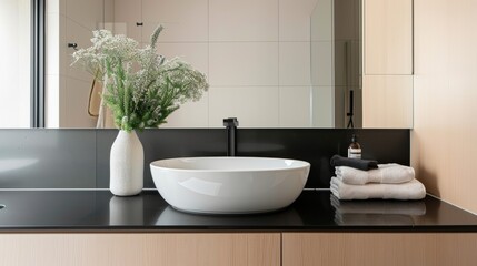 Fototapeta na wymiar Contemporary Minimalist Bathroom with Black Countertop