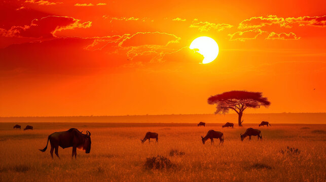 Background A sunset safari with warm hues of orange and red painting the sky.