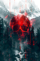 a skull featuring glowing rune symbols, against a winter forest and mountains