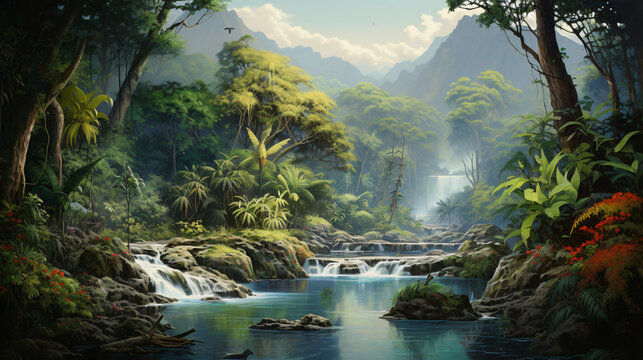 A painting of a jungle scene with a river running.