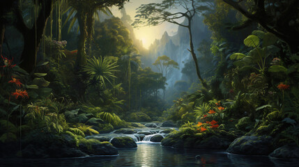 A painting of a jungle scene with a river running.