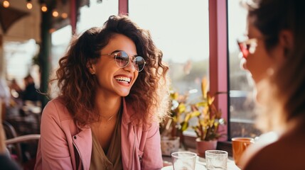 a woman smiling at a table - obrazy, fototapety, plakaty