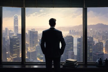 Businessman Contemplating Over Hong Kong Skyline