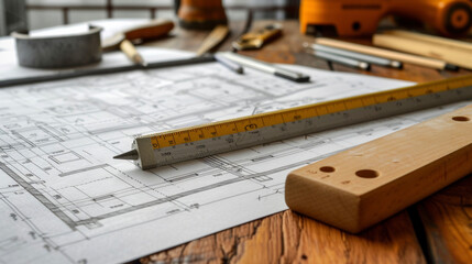 Tools of the trade a ruler pencil and architectural scale displayed on a drafting table filled with technical drawings for a major home renovation.