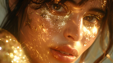 Fashion model woman in golden bright sparkles