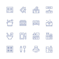 Kitchen line icon set on transparent background with editable stroke. Containing stove, cooking, mixed, gasstove, cuttingboard, shelves, kitchentools, tap, microwaveoven, kitchen, cookerhood, cabinets