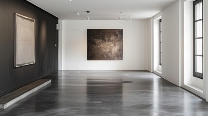 Sleek Entrance Hall with Black Polished Concrete Floor and Striking Artwork