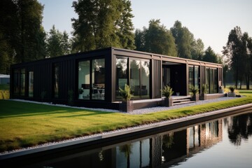 Sustainable modern shipping container house near lake. eco-friendly tiny home in sunny setting