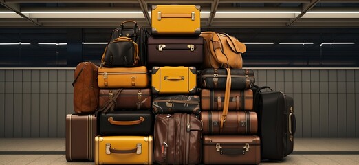 pile of suitcases at transport station, traveling concept